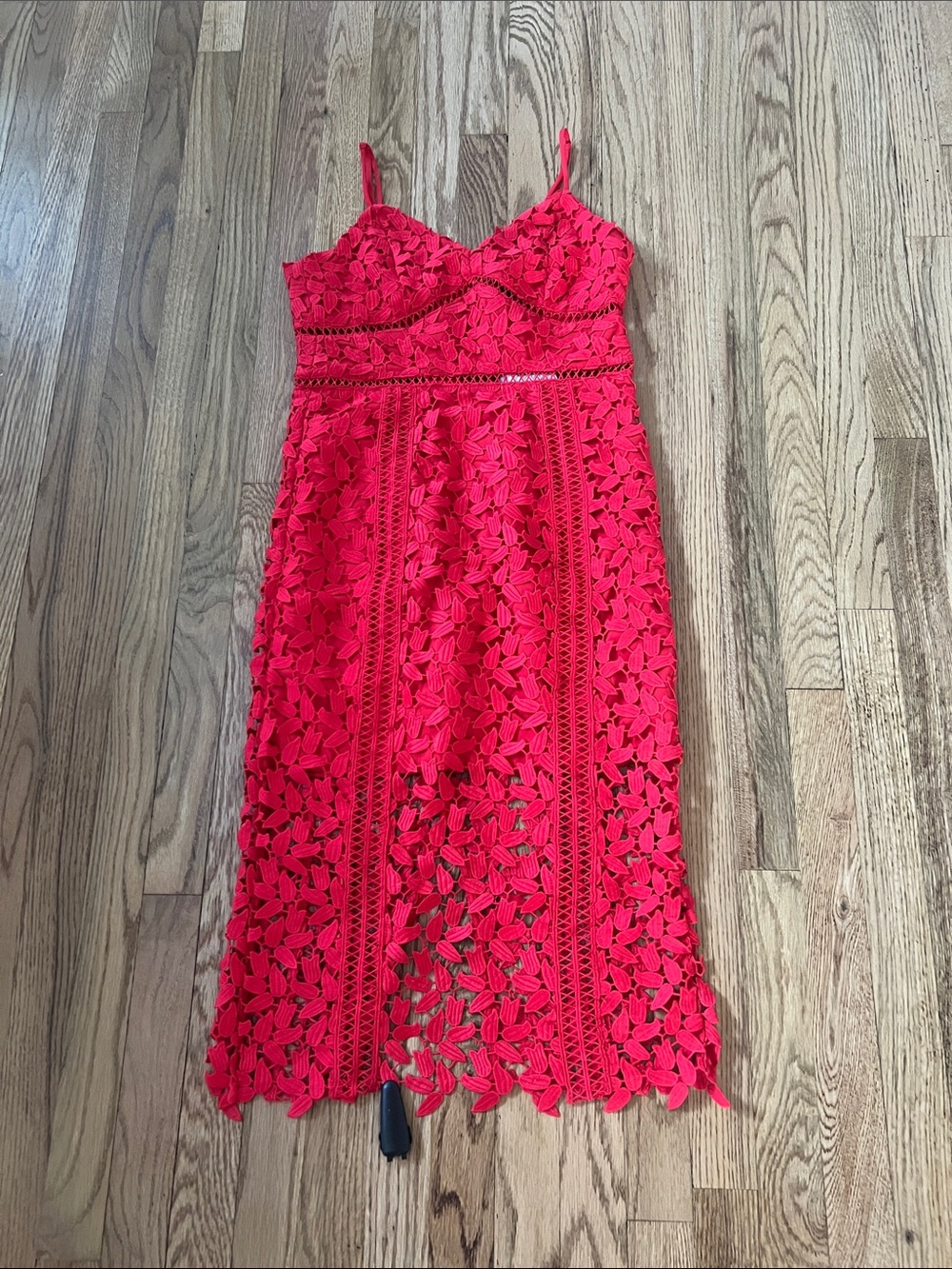 Bardot Red Floral Lace Midi Dress with Spaghetti Straps
